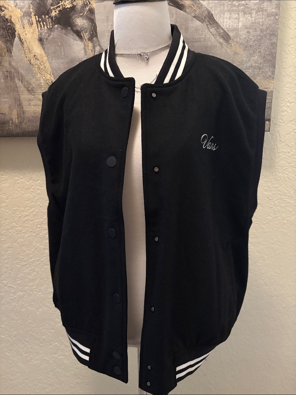 Vans Black Varsity Jacket with White Striped Trim